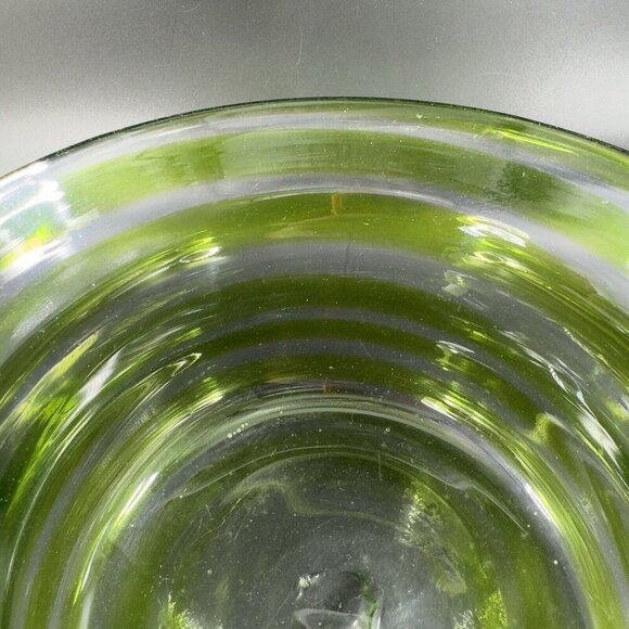 Blenko Art Glass Bowl Planter Flower Pot Hand Blown Green Clear Lines Round Vtg - Picture 7 of 16